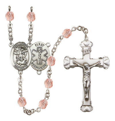 1st Responder Pink Birthstone Fire Polished Bead Heart Tip Rosary in Rose, Bliss Manufacturing