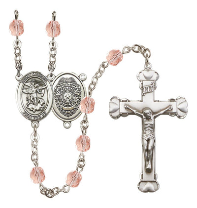 Pewter St. Michael Police Office centerpiece and heart tip crucifix with 6mm Fire Polished Crystal Birthstone Rosary in Rose, Bliss Manufacturing