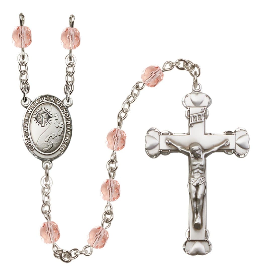 Bliss Silver-Plated Pink Crystal Footprints in the Sand Birthstone Heart Rosary,