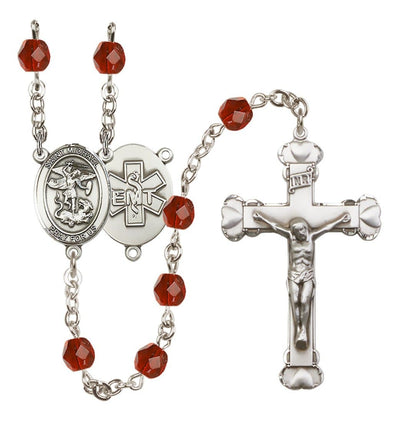 Pewter St. Michael EMT centerpiece and heart tip crucifix with 6mm Fire Polished Crystal Birthstone Rosary in Peridot in Ruby, Bliss Manufacturing