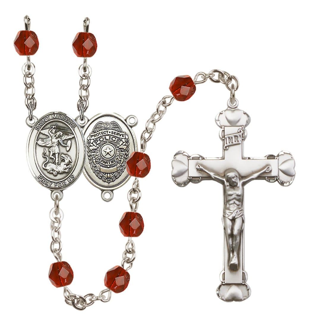 Bliss Silver-Plated Ruby Crystal Saint Michael Police Birthstone Heart Rosary,