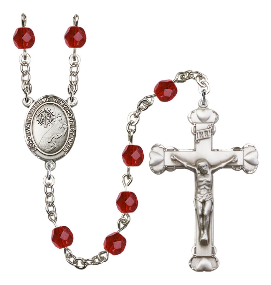 Bliss Silver-Plated Ruby Crystal Footprints in the Sand Birthstone Heart Rosary,