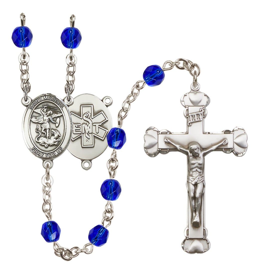 Bliss Silver-Plated Sapphire Crystal Saint Michael EMT Birthstone Heart Rosary,