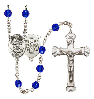 Pewter St. Michael EMT centerpiece and heart tip crucifix with 6mm Fire Polished Crystal Birthstone Rosary in Garnet in Sapphire, Bliss Manufacturing
