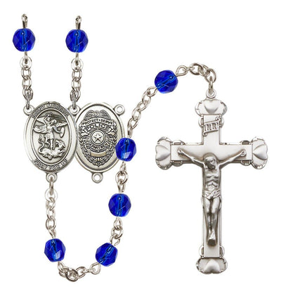 Pewter St. Michael Police Office centerpiece and heart tip crucifix with 6mm Fire Polished Crystal Birthstone Rosary in Sapphire, Bliss Manufacturing