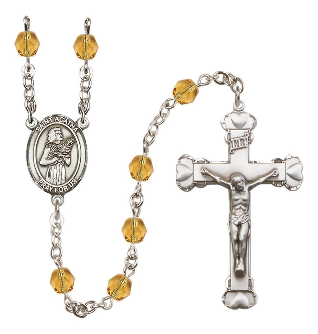 Bliss Silver-Plated Topaz Crystal Saint Agatha Birthstone Heart Rosary,