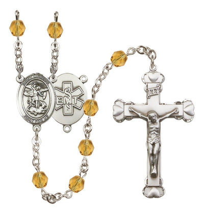 Pewter St. Michael EMT centerpiece and heart tip crucifix with 6mm Fire Polished Crystal Birthstone Rosary in Topaz, Bliss Manufacturing