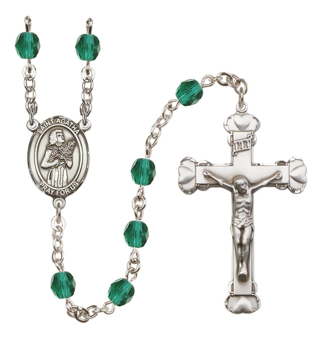 Bliss Silver-Plated Zircon Crystal Saint Agatha Birthstone Heart Rosary,