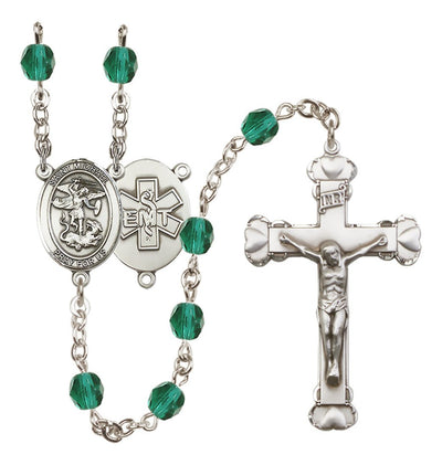 Pewter St. Michael EMT centerpiece and heart tip crucifix with 6mm Fire Polished Crystal Birthstone Rosary in Zircon, Bliss Manufacturing