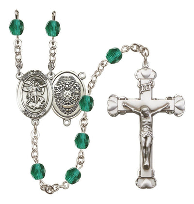 Pewter St. Michael Police Office centerpiece and heart tip crucifix with 6mm Fire Polished Crystal Birthstone Rosary in Zircon, Bliss Manufacturing