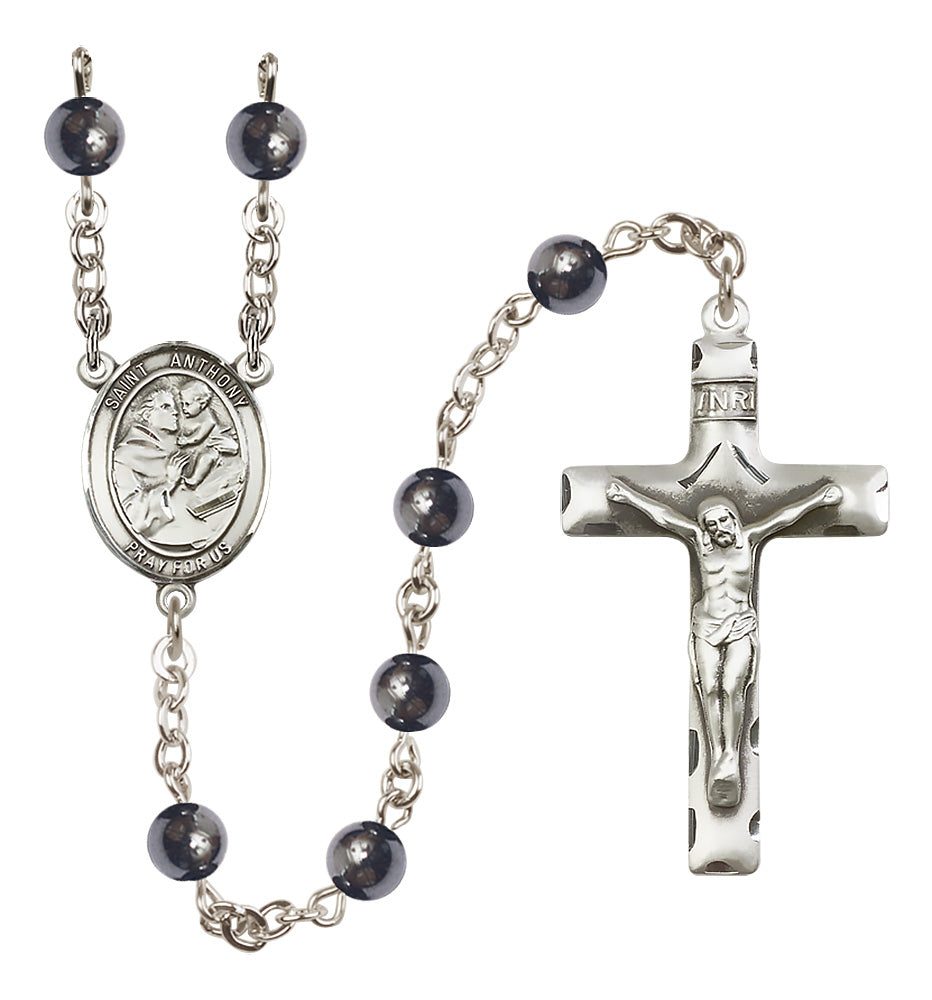 Bliss St Anthony of Padua 6mm Hematite Bead Silver-Plated Rosary,