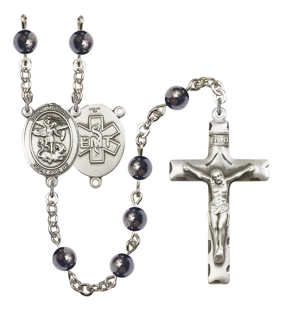 Bliss St Michael EMT 6mm Hematite Bead Silver-Plated Rosary