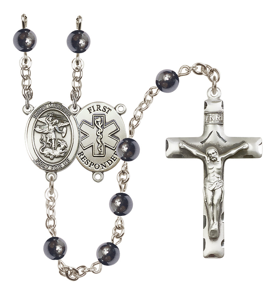 Bliss St Michael 1st Responder 6mm Hematite Bead Silver-Plated Rosary