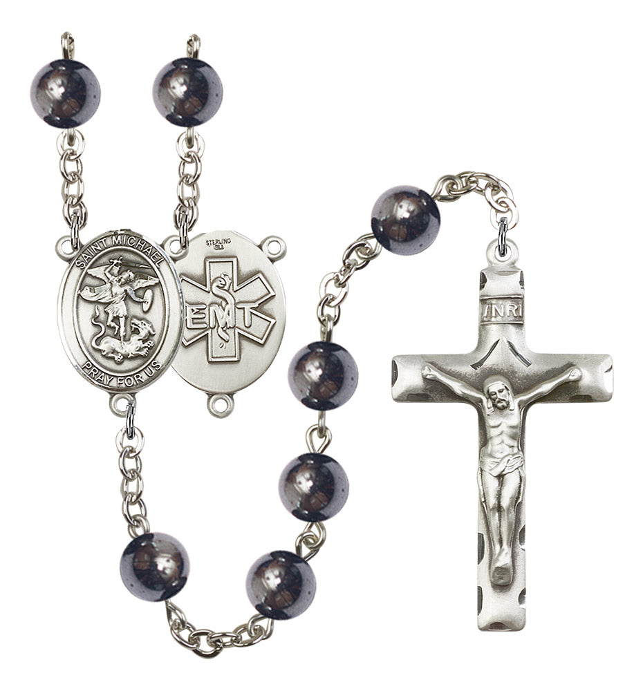 Bliss St Michael EMT 8mm Hematite Bead Silver-Plated Rosary