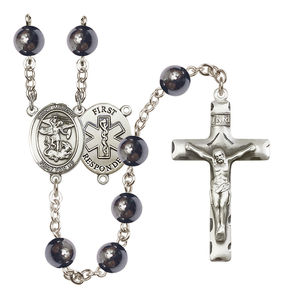 Bliss St Michael 1st Responder 8mm Hematite Bead Silver-Plated Rosary