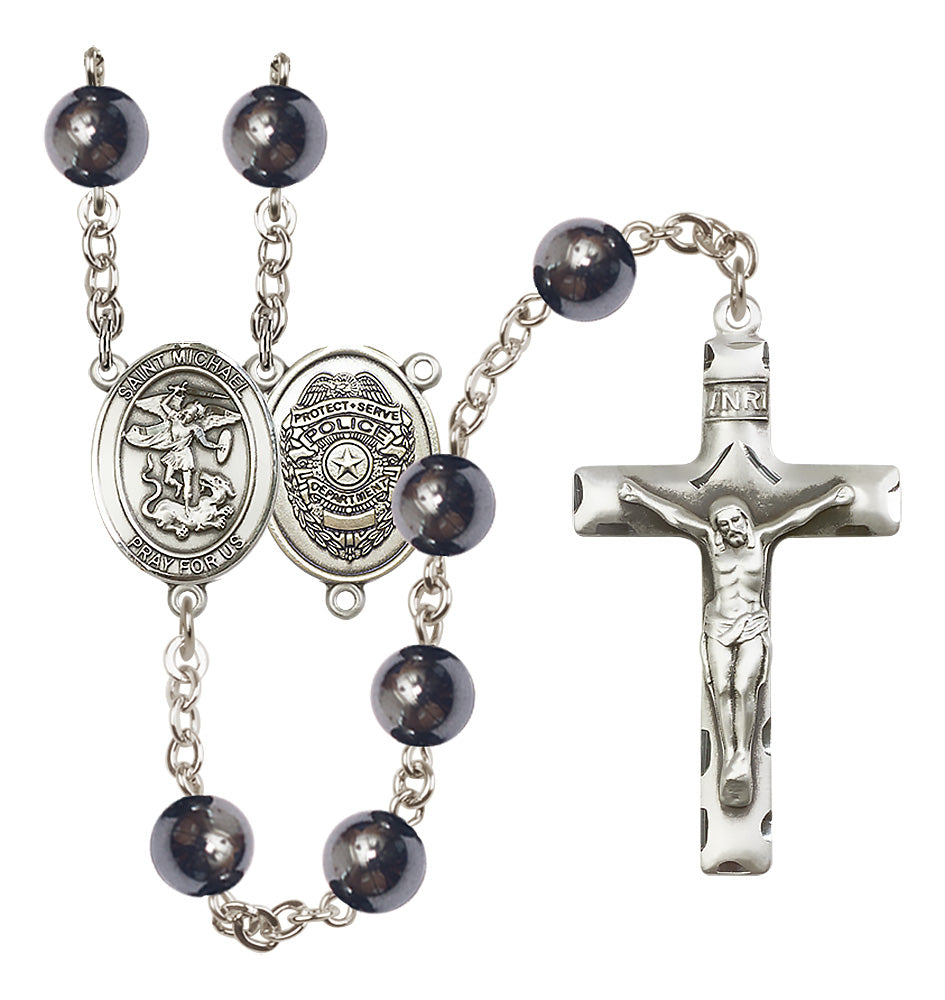 Bliss St Michael Police Officers 8mm Hematite Bead Silver-Plated Rosary