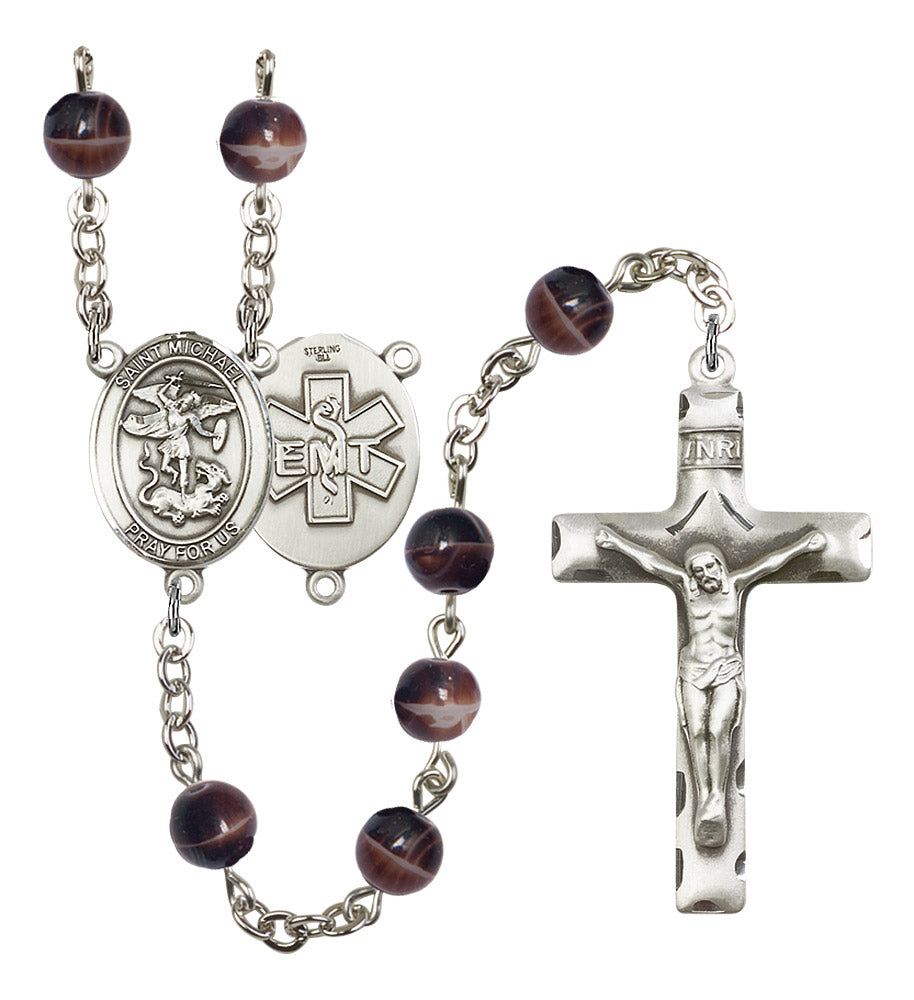 Bliss St Michael EMT 7mm Brown Bead Silver-Plated Rosary