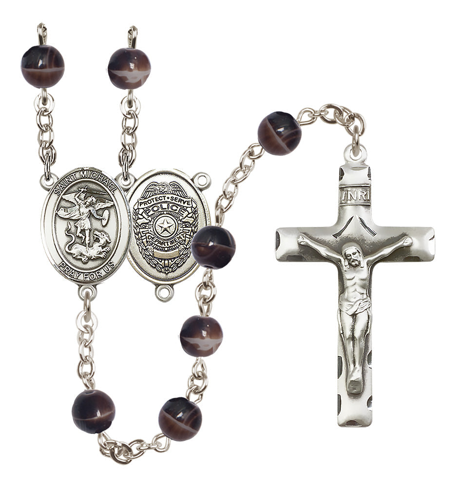 Bliss St Michael Police Officers 7mm Brown Bead Silver-Plated Rosary