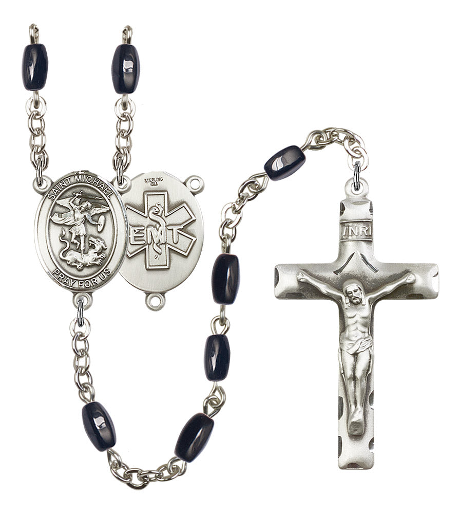 Bliss EMT St Michael 8x5mm Black Bead Silver-Plated Rosary