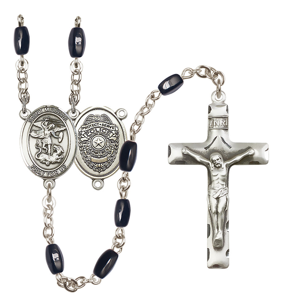 Bliss Police Officers St Michael 8x5mm Black Bead Silver-Plated Rosary