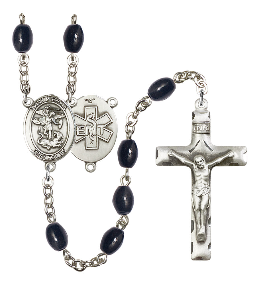 Bliss EMT St Michael 8x6mm Black Bead Silver-Plated Rosary