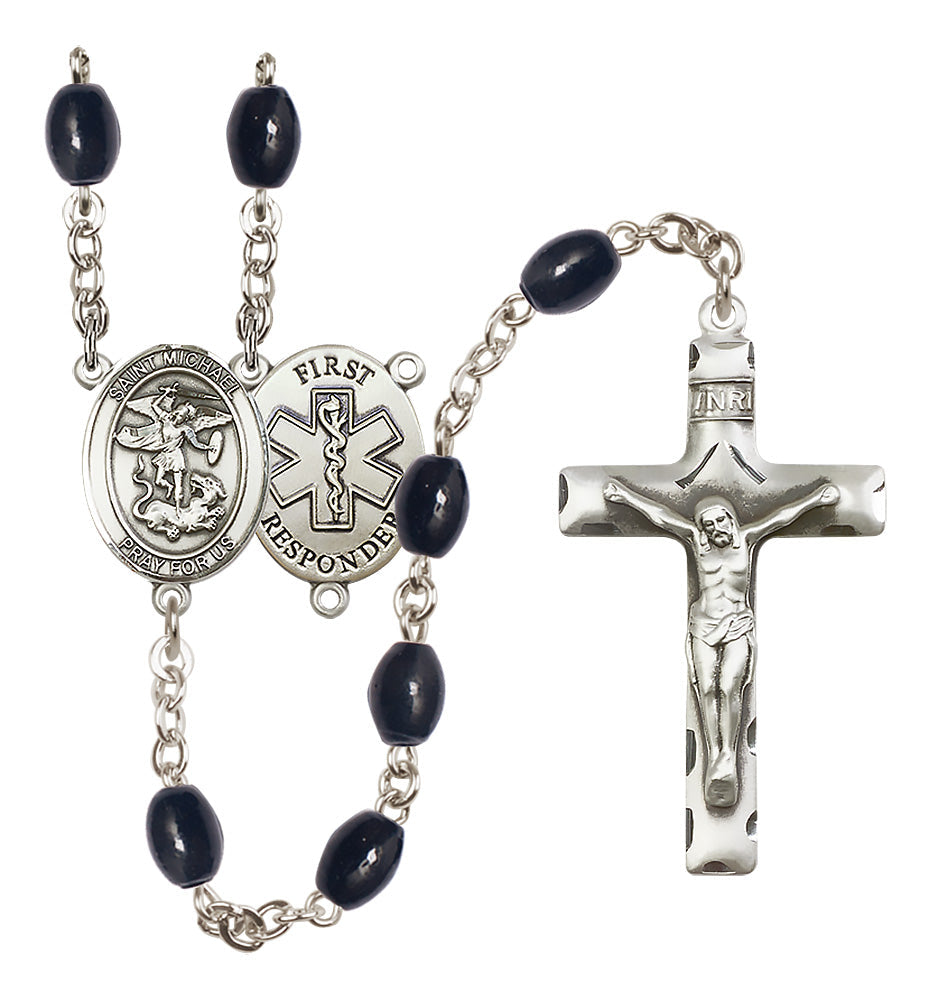 Bliss First Responder St Michael 8x6mm Black Bead Silver-Plated Rosary