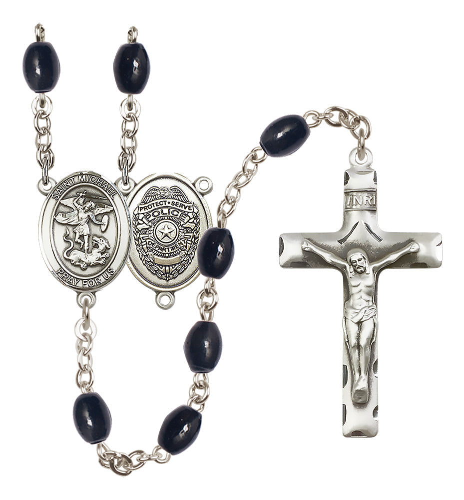 Bliss Police Officers St Michae 8x6mm Black Bead Silver-Plated Rosary