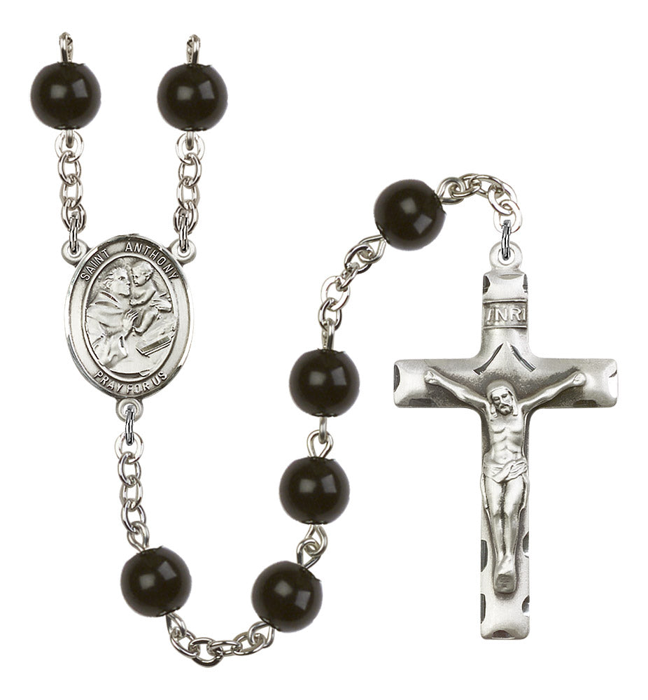 Engravable Bliss St Anthony of Padua 7mm Black Bead Silver-Plated Rosary,