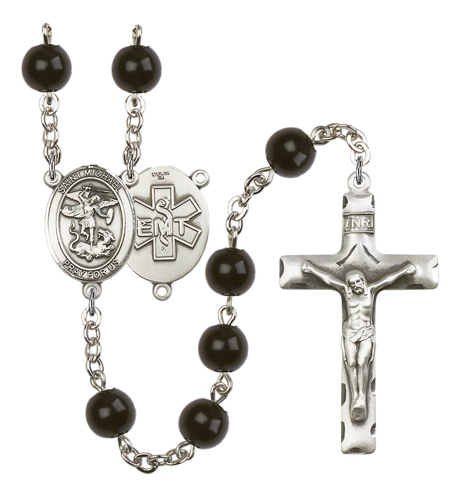 Bliss St Michael EMT 7mm Black Bead Silver-Plated Rosary