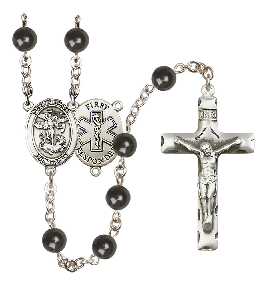 Bliss St Michael First Responder 7mm Black Bead Silver-Plated Rosary