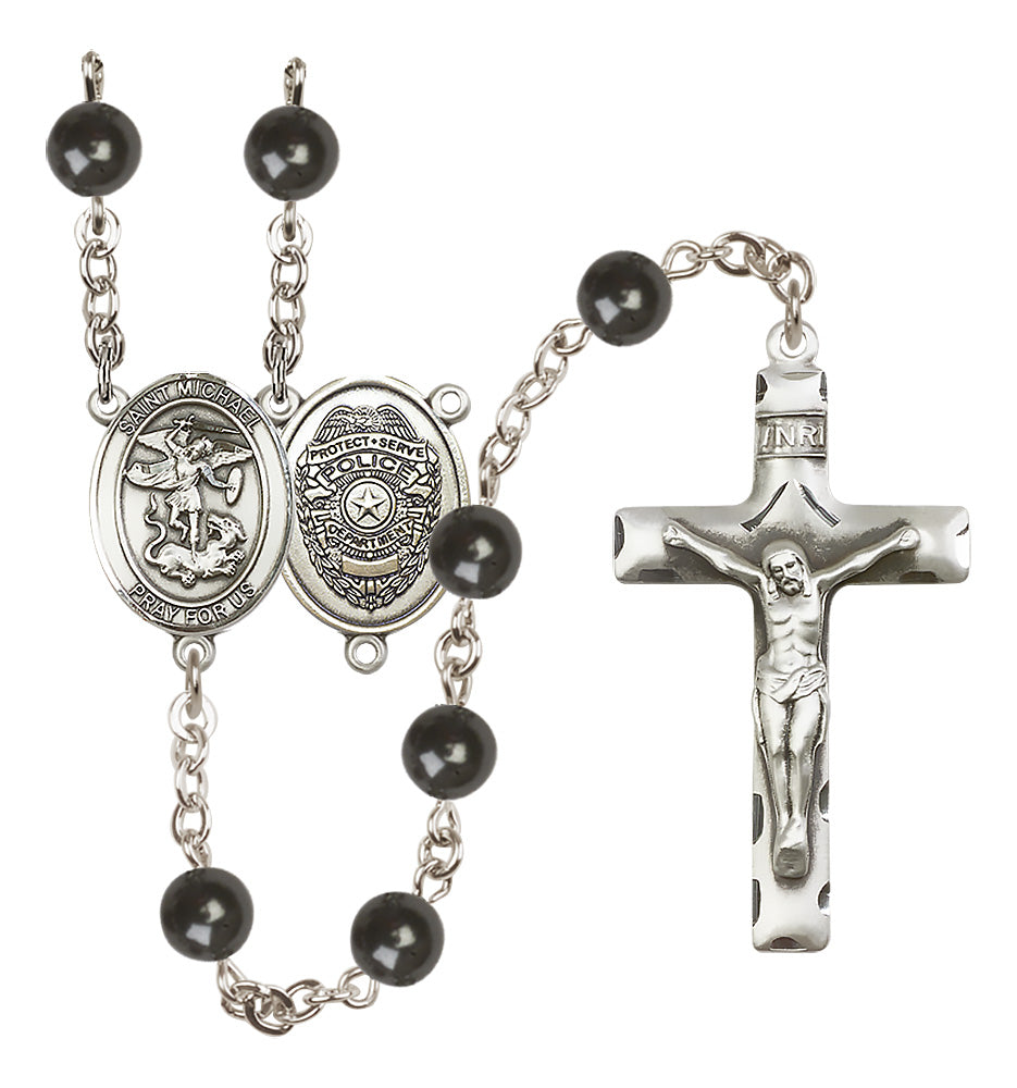 Bliss St Michael Police Officers 7mm Black Bead Silver-Plated Rosary