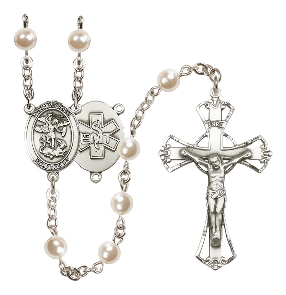 Bliss EMTs St Michael 6mm Cream Imitation Pearl Silver-Plated Rosary