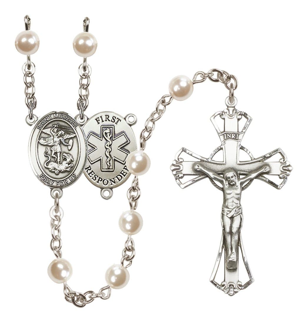 Bliss Manufacturing 1st Responder St Michael 6mm Cream Imitation Pearl Silver-Plated Rosary,