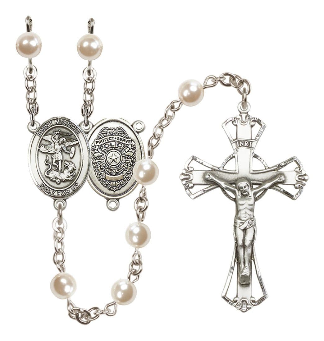 Bliss Police Officers St Michael 6mm Cream Imitation Pearl Silver-Plated Rosary,