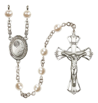 Footprint In The Sand Silver Plated 6mm Cream, Imitation Pearl Rosary, Pewter Crucifix and Centerpiece. Made in USA, Bliss Manufacturing