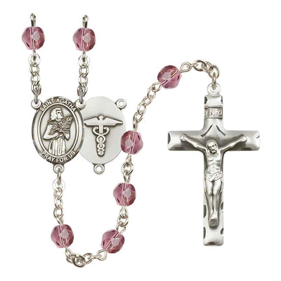 St. Agatha Nurse Medical Symbol Silver-Plated Birthstone Rosary in Amethyst, Bliss Manufacturing