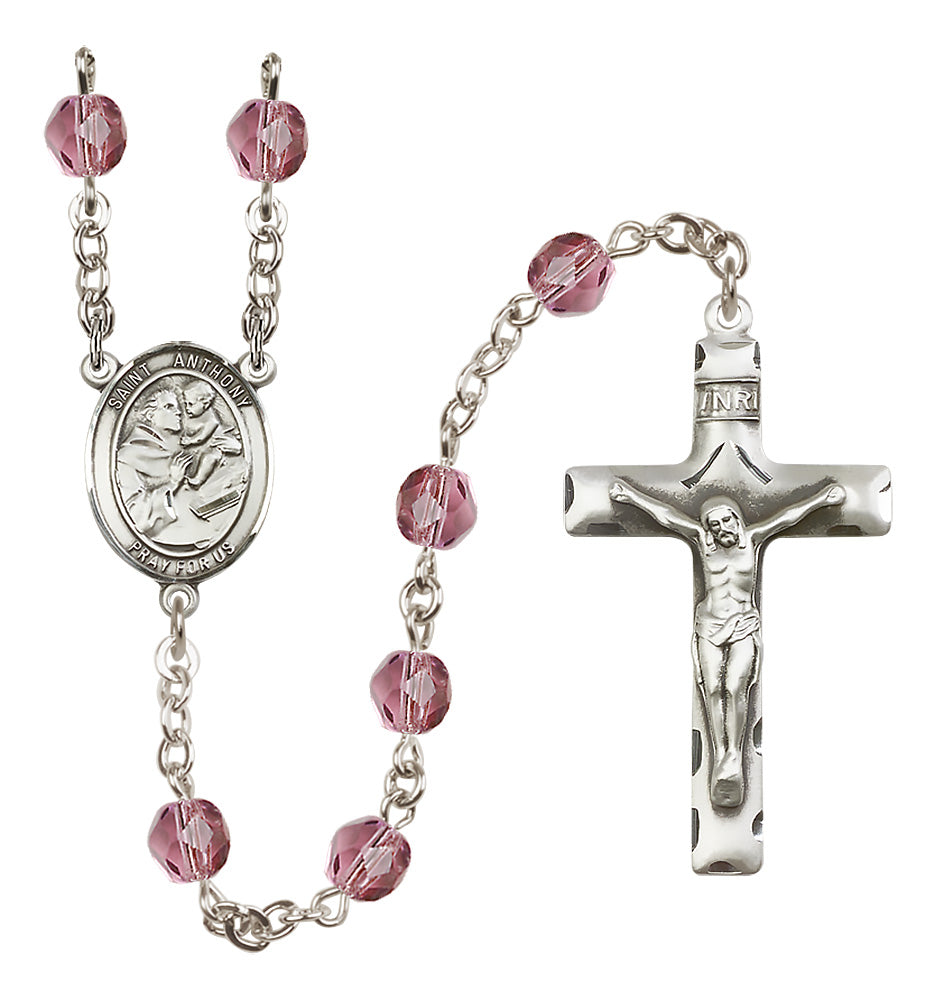 Amethyst Bliss St Anthony of Padua Silver-Plated Fire Polished Bead Rosary,