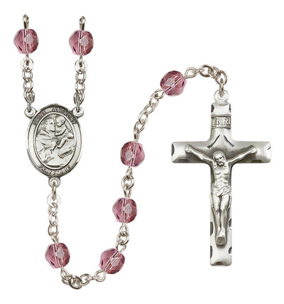 Pewter St. Anthony of Padua centerpiece and traditional crucifix with 6mm Fire Polished Crystal Birthstone Rosary in Aqua in Amethyst, Bliss Manufacturing