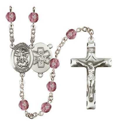 Pewter St. Michael EMT centerpiece and traditional crucifix with 6mm Fire Polished Crystal Birthstone Rosary in Aqua in Amethyst, Bliss Manufacturing