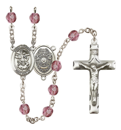 Pewter St. Michael Police Office centerpiece and traditional crucifix with 6mm Fire Polished Crystal Birthstone Rosary in Amethyst, Bliss Manufacturing
