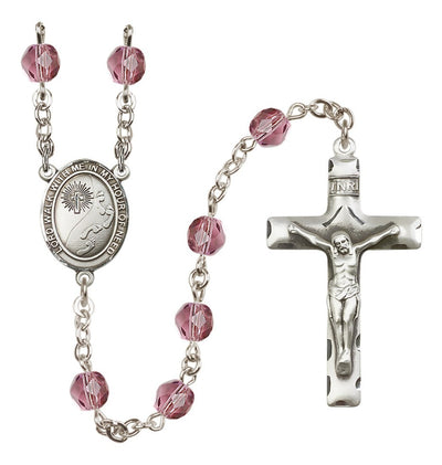 Footprints W/Cross Fire Polished Silver-Plated Birthstone Rosary In Amethyst February, Bliss Manufacturing