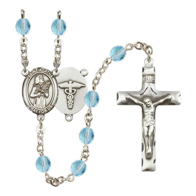 St. Agatha Nurse Medical Symbol Silver-Plated Birthstone Rosary in Aqua, Bliss Manufacturing