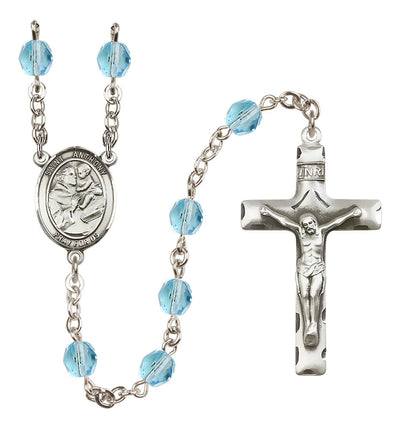 Pewter St. Anthony of Padua centerpiece and traditional crucifix with 6mm Fire Polished Crystal Birthstone Rosary in Crystal in Aqua, Bliss Manufacturing