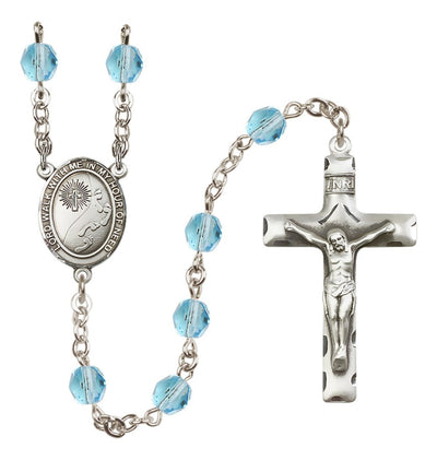 Footprints W/Cross Fire Polished Silver-Plated Birthstone Rosary In Aqua March, Bliss Manufacturing