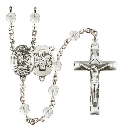 Pewter St. Michael EMT centerpiece and traditional crucifix with 6mm Fire Polished Crystal Birthstone Rosary in Emerald, Bliss Manufacturing