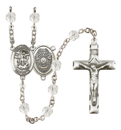 Pewter St. Michael Police Office centerpiece and traditional crucifix with 6mm Fire Polished Crystal Birthstone Rosary in Crystal, Bliss Manufacturing