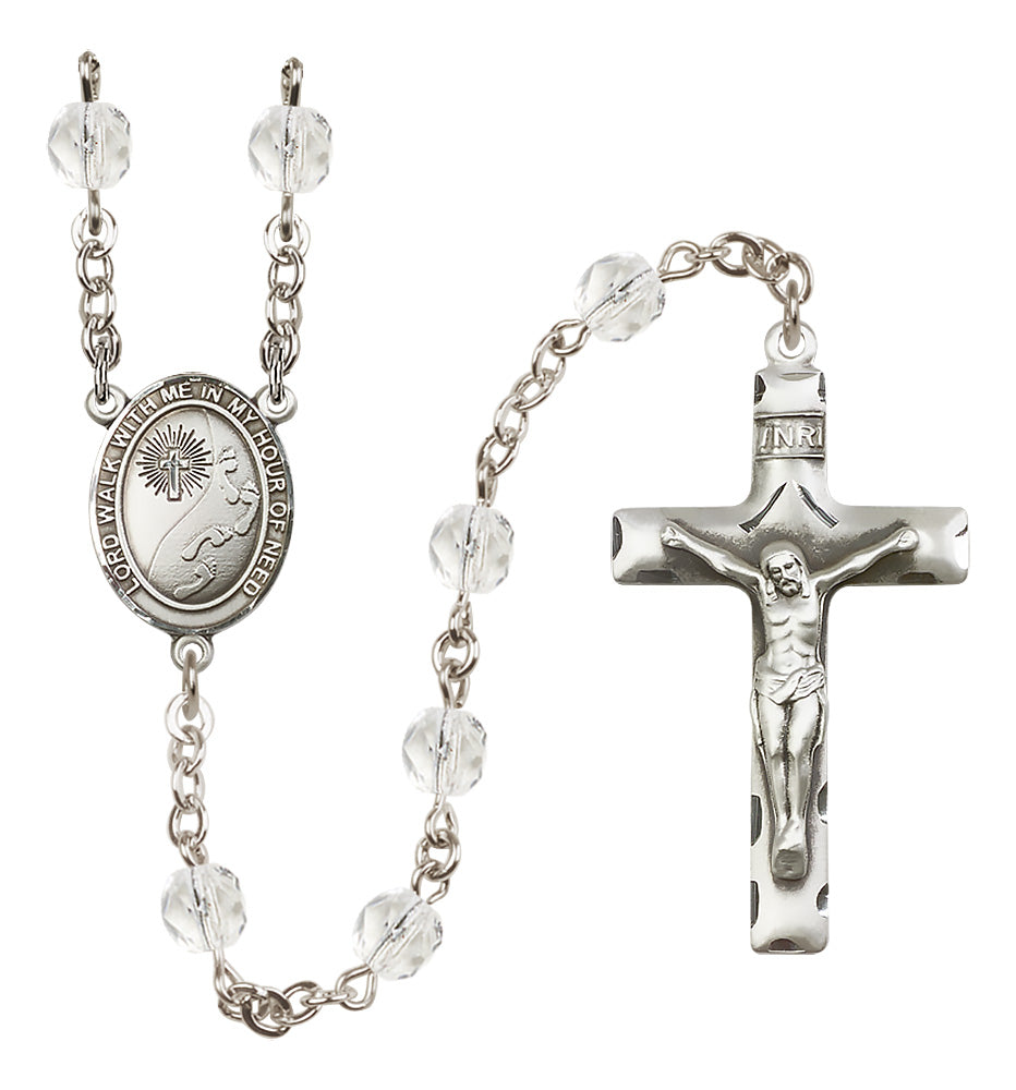 Bliss Footprints w/Cross Fire Polished Silver-Plated Birthstone Rosary