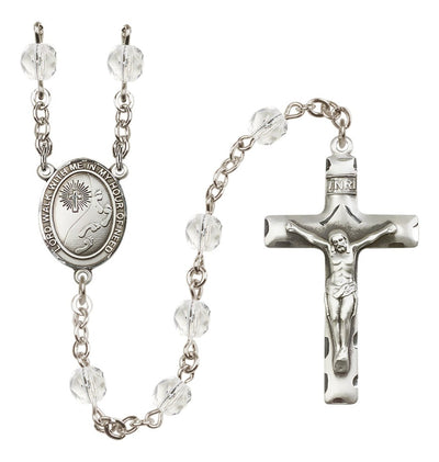 Footprints W/Cross Fire Polished Silver-Plated Birthstone Rosary In Clear Crystal April, Bliss Manufacturing
