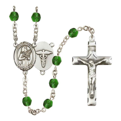 St. Agatha Nurse Medical Symbol Silver-Plated Birthstone Rosary in Emerald, Bliss Manufacturing