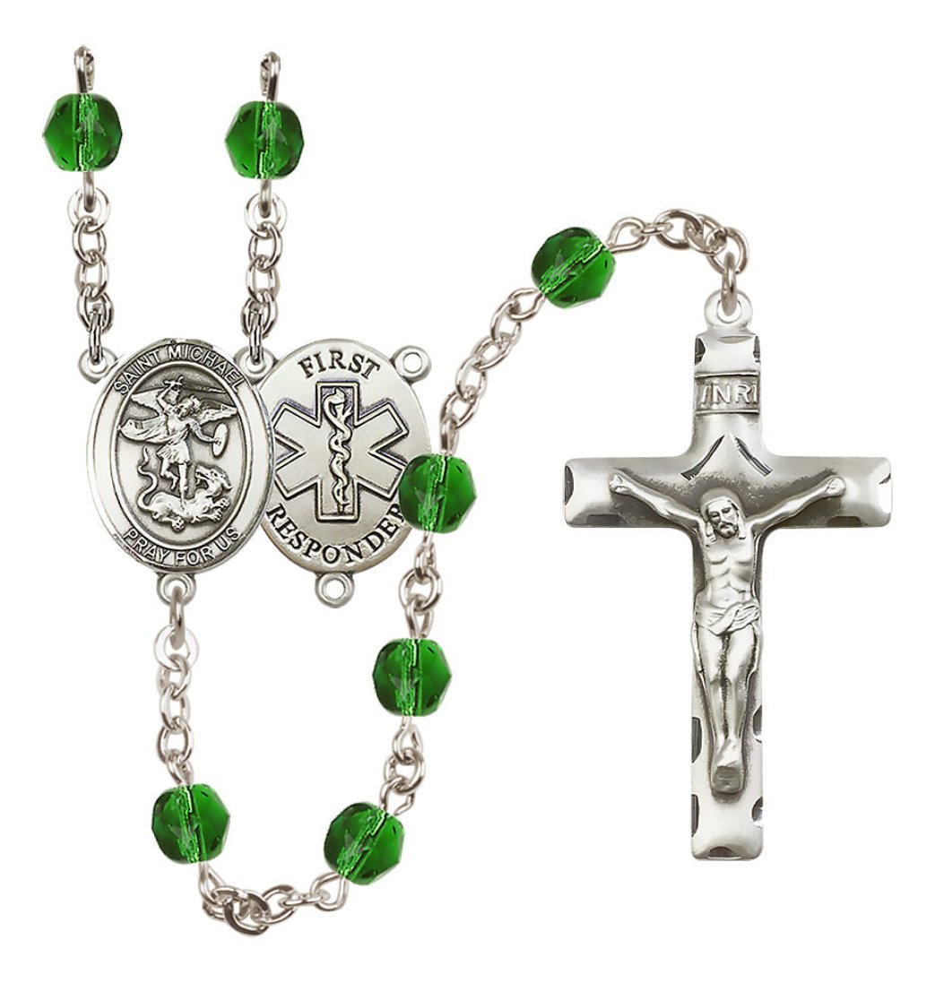 Bliss Manufacturing 1st Responder St Michael Emerald Birthstone Crystal Rosary